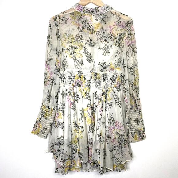 Free People Floral Peasant Dress Womens S Ivory Sheer Tiered Ruffles Boho Flowy - Picture 8 of 11